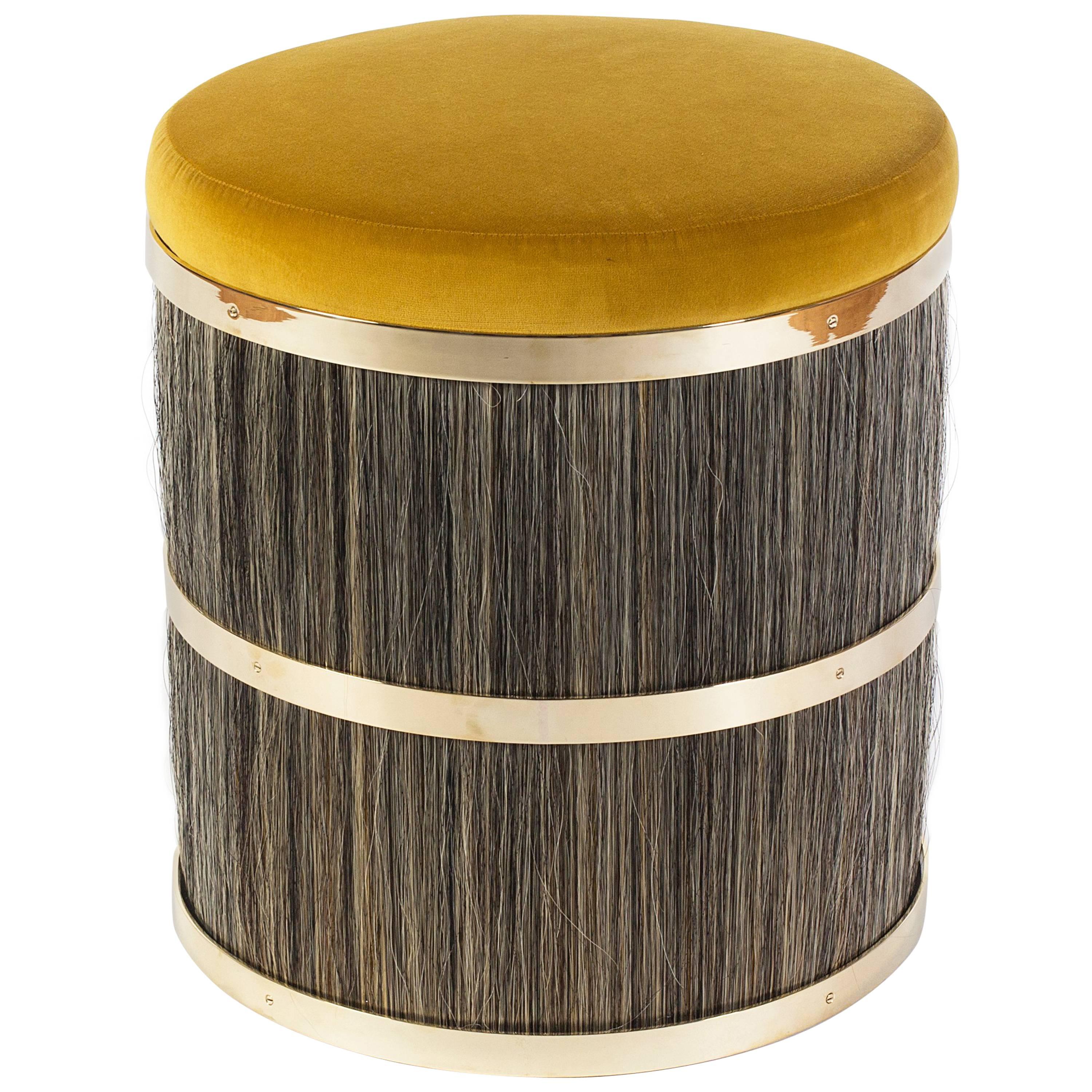 Konekt Thing 2 Stool with Polished Brass, Horse Hair and Velvet For Sale