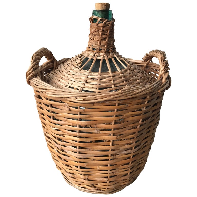 Midcentury French Wicker Demijohn Bottle Basket For Sale at 1stDibs