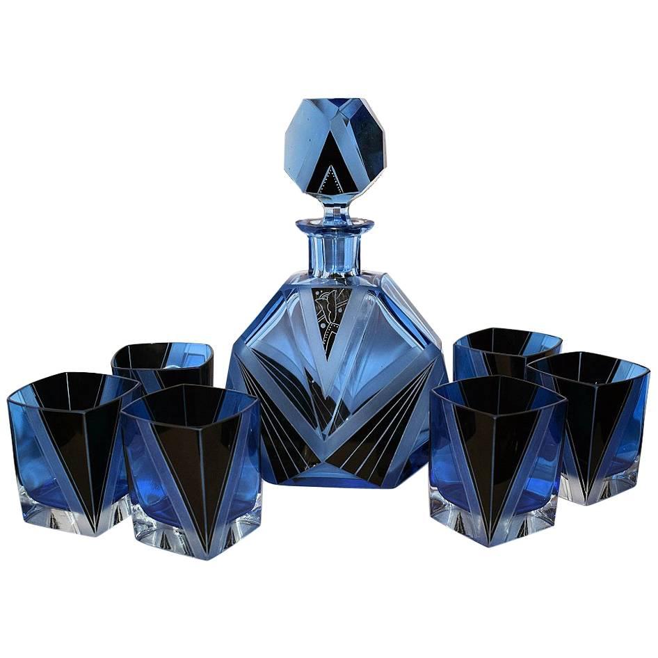 Original Art Deco Blue Glass Decanter Set