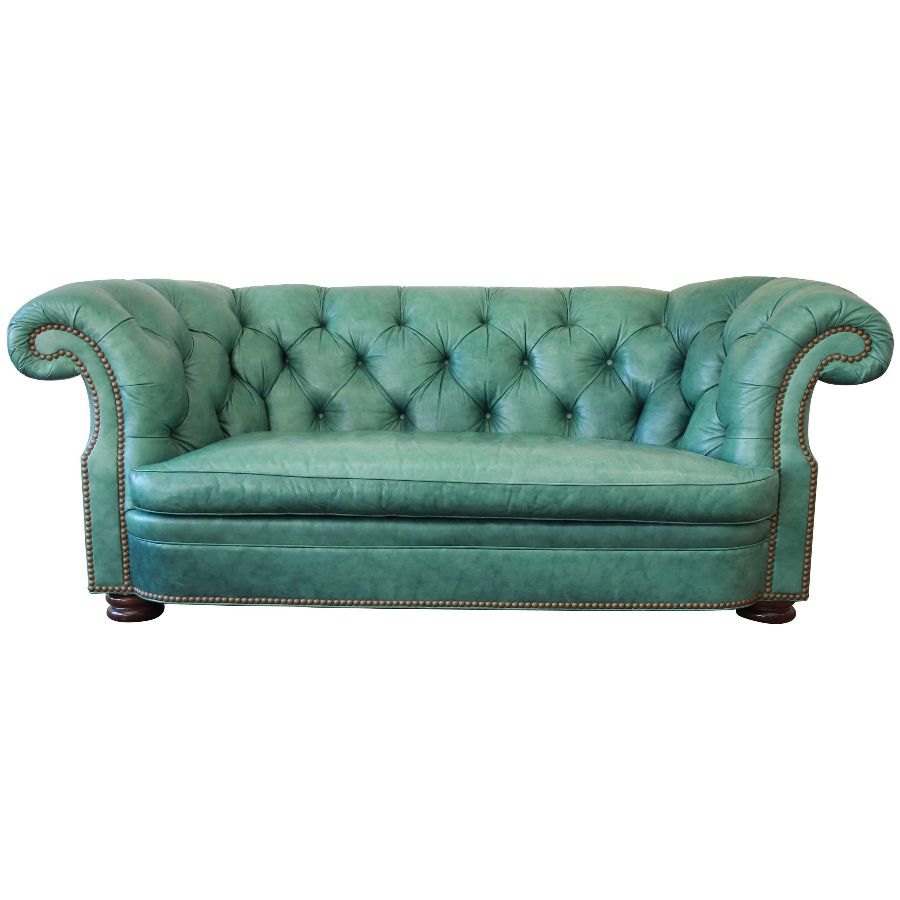 Vintage Teal Tufted Leather Chesterfield Sofa by Hancock & Moore
