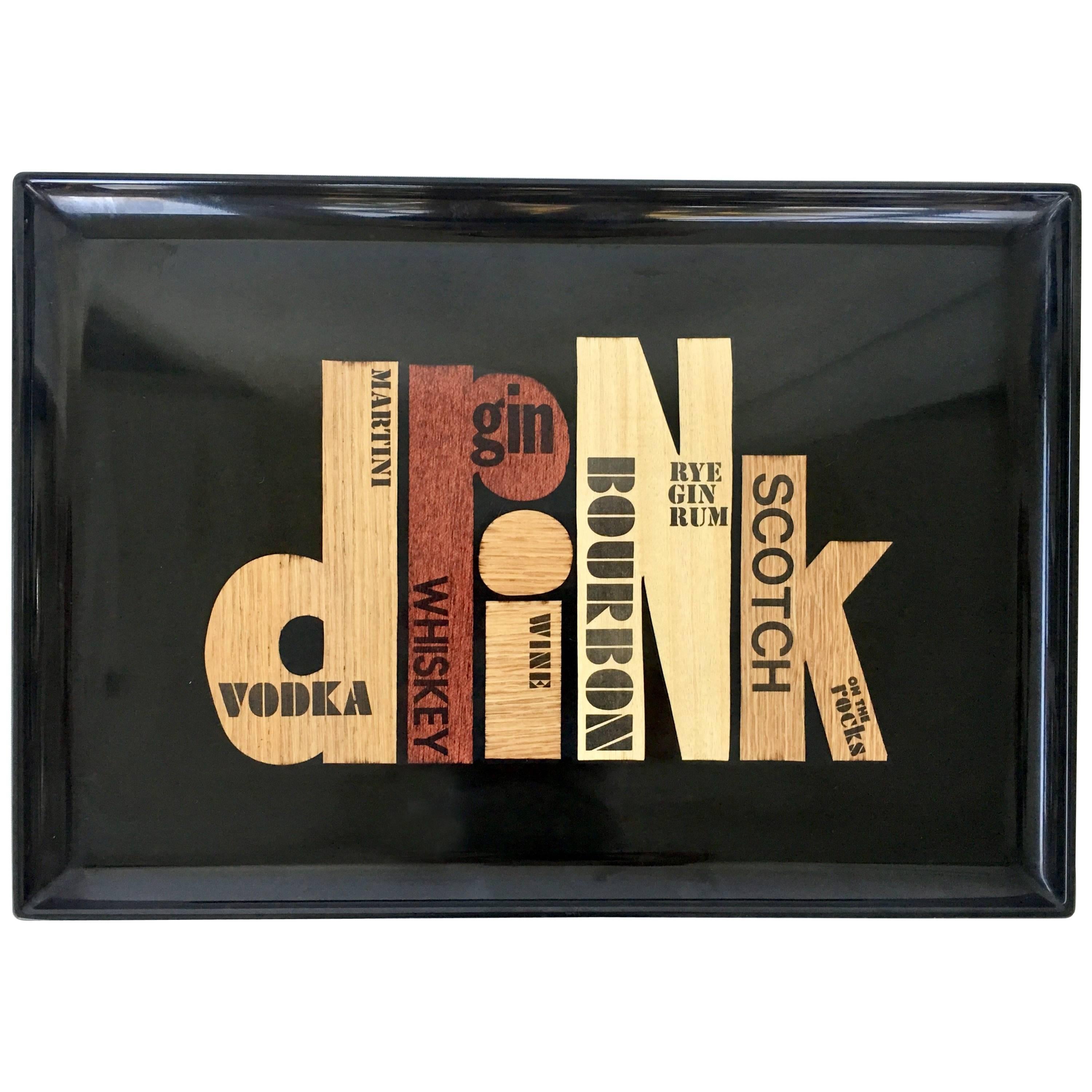 1960s Couroc Black Lacquer & Precious Wood Inlay "Drink" Serving Tray