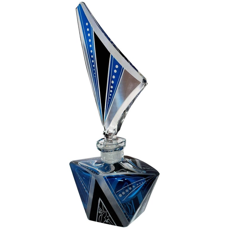 Impressive Art Deco Blue Glass Perfume Bottle For Sale at 1stDibs