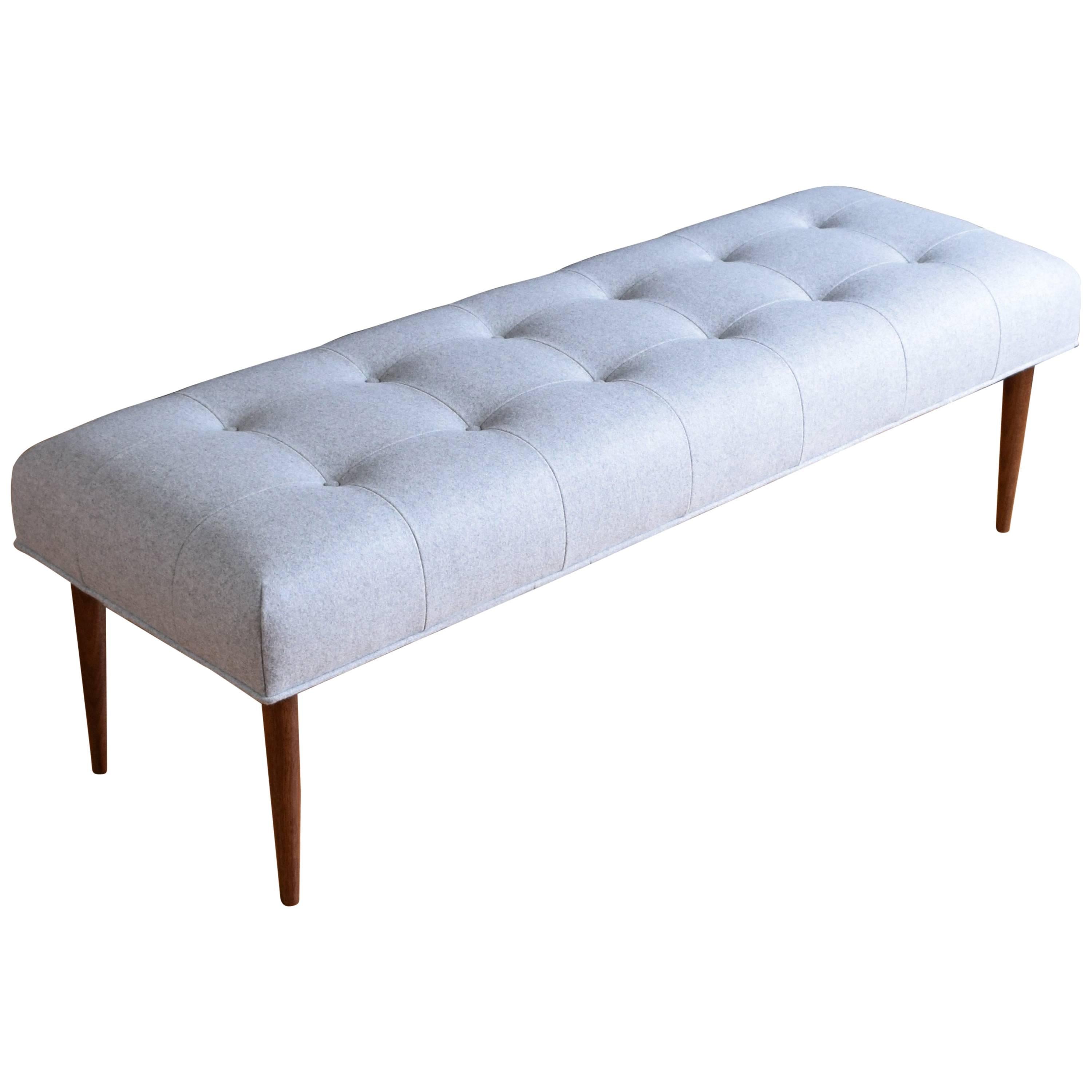 Modern Button Tufted Bench Upholstered in Pale Grey with Walnut Spindle Legs For Sale