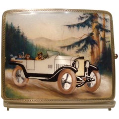 Antique Sterling Silver and Enamel Cigarette Case, Box Mercedes Car, Automobilia, 1920s