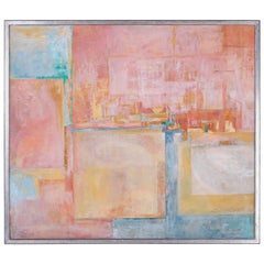 Midcentury Abstract Oil Panting on Canvas in Pastel Colors