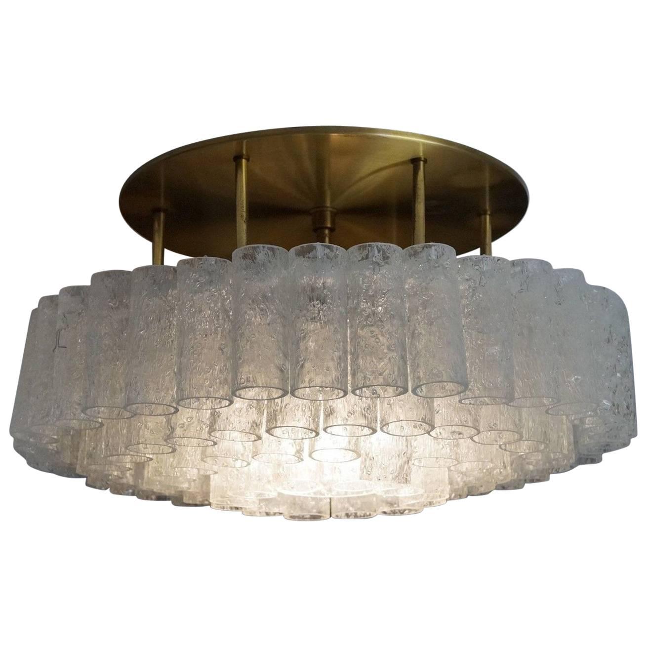 Large 1960s Doria Glass Tube Chandelier with Brass, Flush Mount, Made in Germany