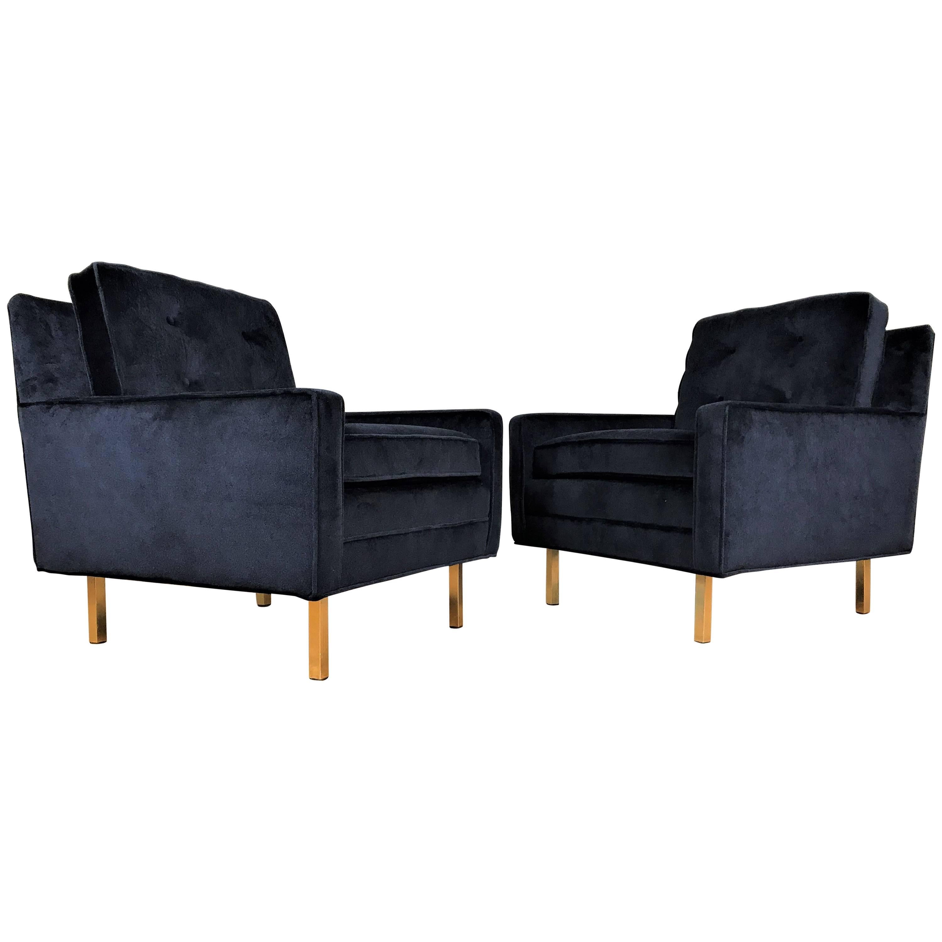 Pair of Mid-Century Modern Tuxedo Lounge Chairs in Black Velvet with Brass Legs
