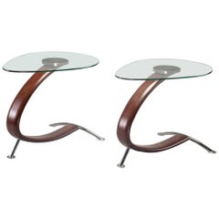 Pair of Glass Top Midcentury End Tables with Bentwood and Chrome Bases