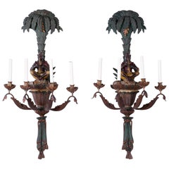 Pair of Antique 19th Century Carved Wall Sconces with Orientalist Figures
