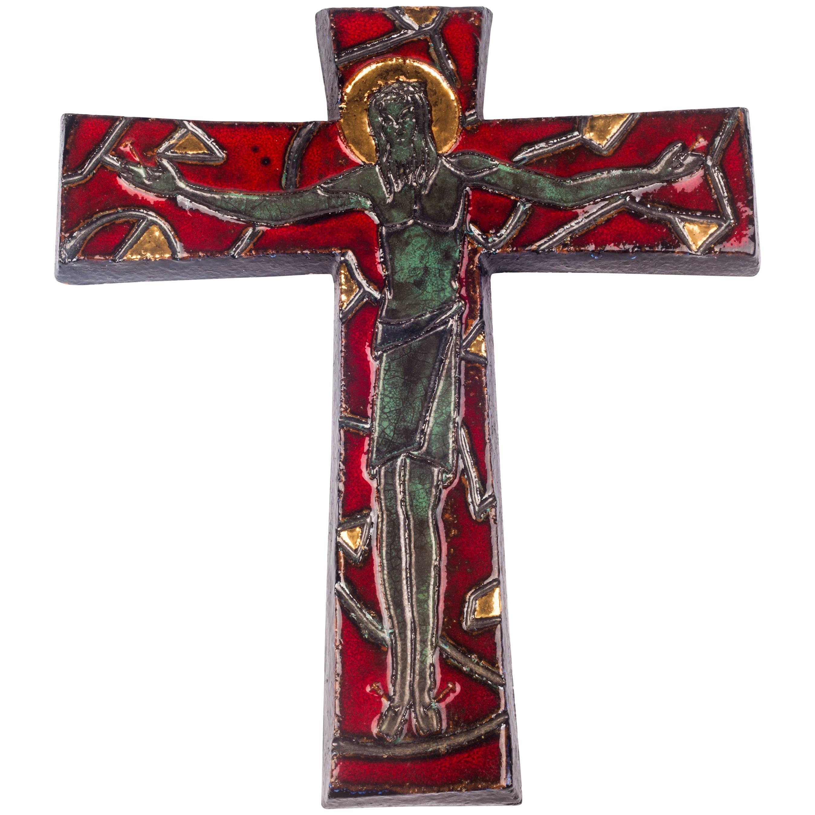 Large Gilt Wall Crucifix, Red, Green, Grey Glazed Ceramic, Handmade, Belgium For Sale