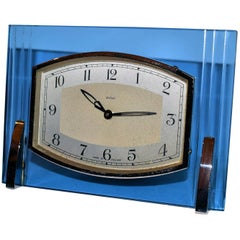 Vintage English 1930s Art Deco Blue Glass and Chrome Clock by Enfield