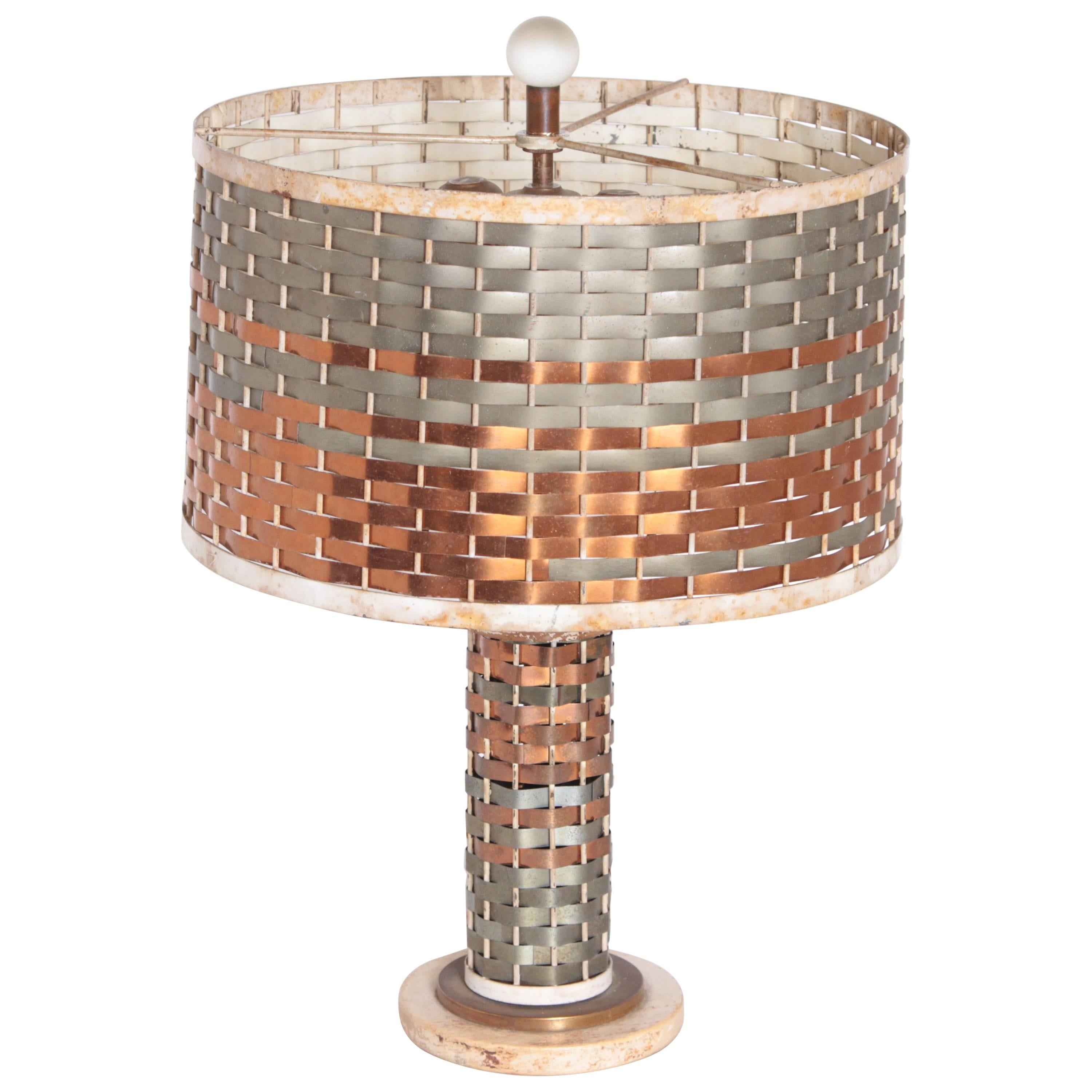 Machine Age Art Deco Sandel Table Lamp, Mixed Metal, Lacquered Wood For Sale