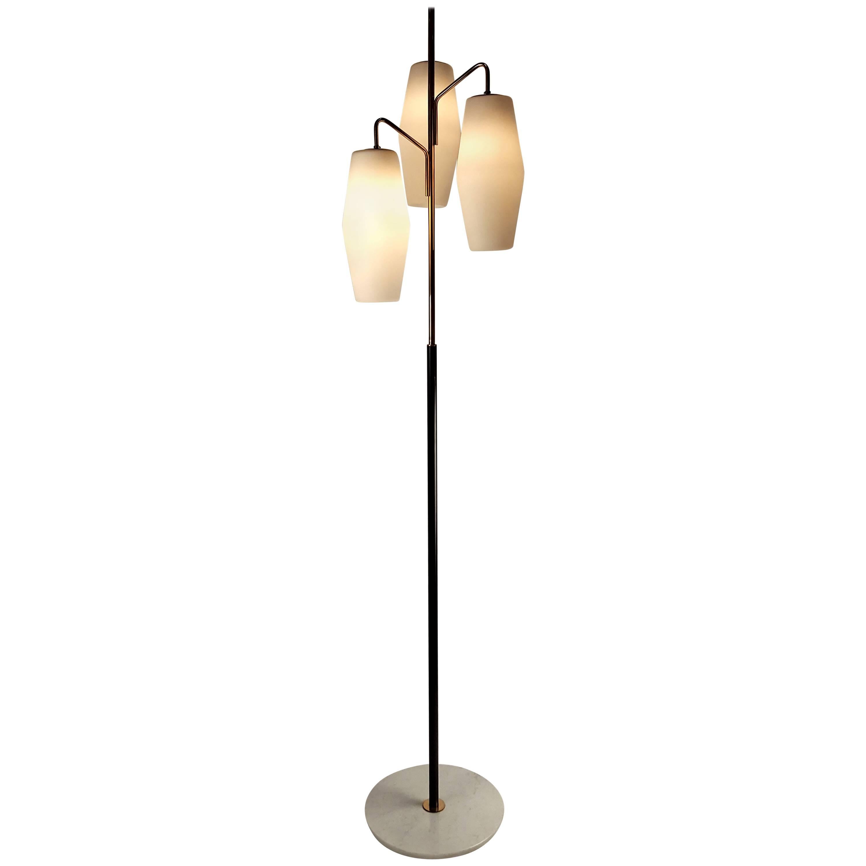 Italian Modernist Stilnovo Floor Lamp with Frosted Glass Shades and Marble Base