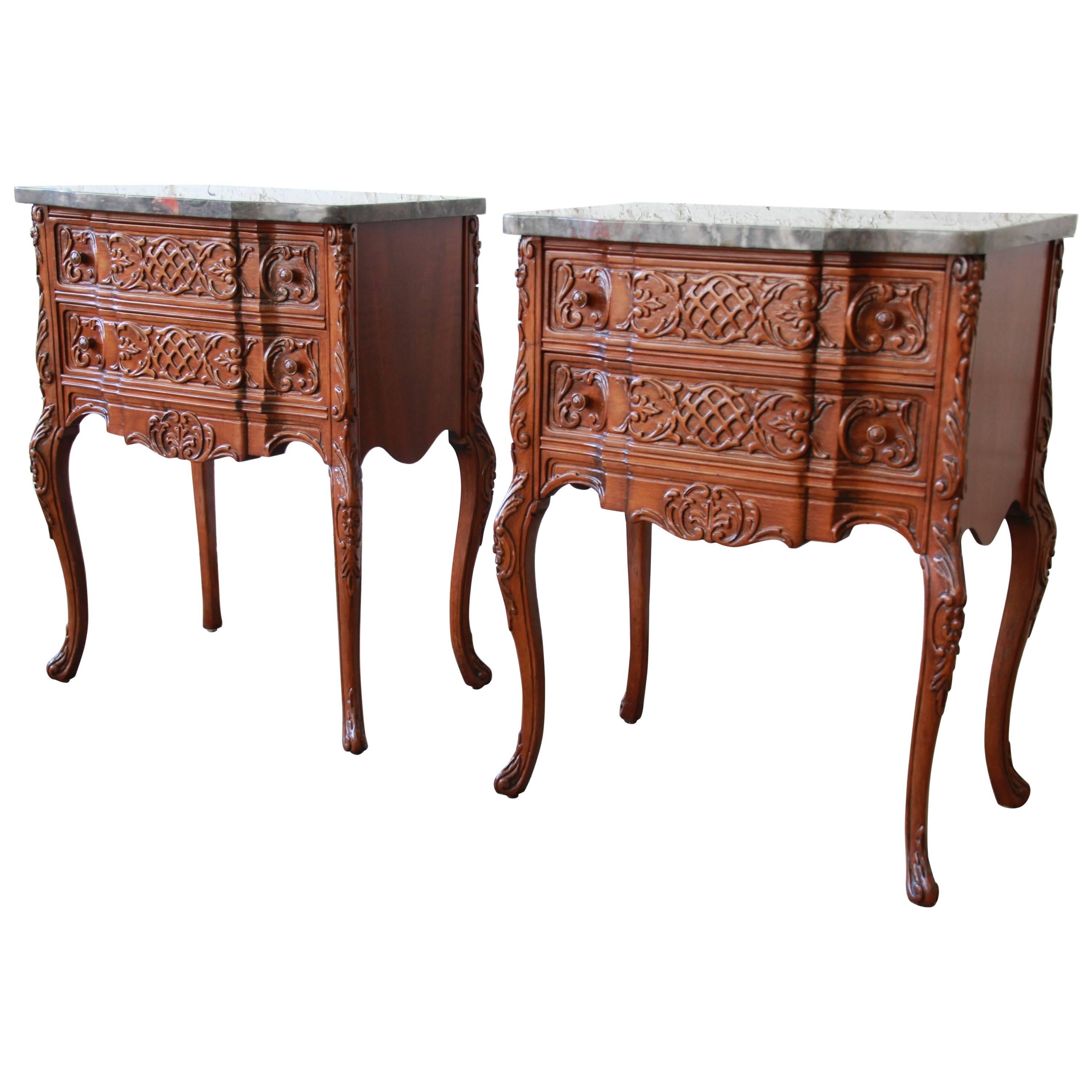 Pair of Carved French Louis XV Style Marble Top Nightstands, circa 1920