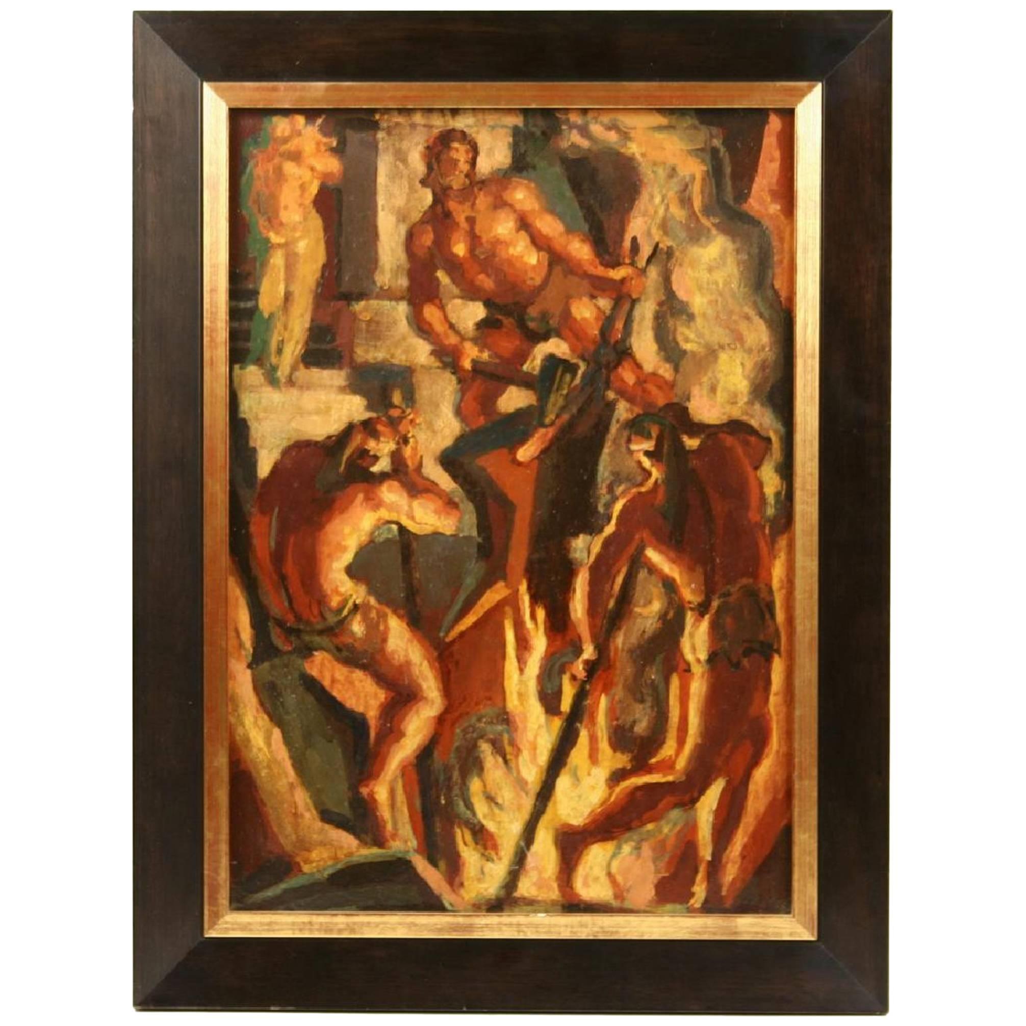 Pierre Dionisi, "Foundry Workers" Oil on Board For Sale