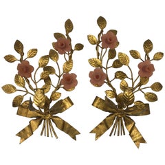 Vintage 1960s Italian Gilt Rose Candlestick Wall Sconces, Pair