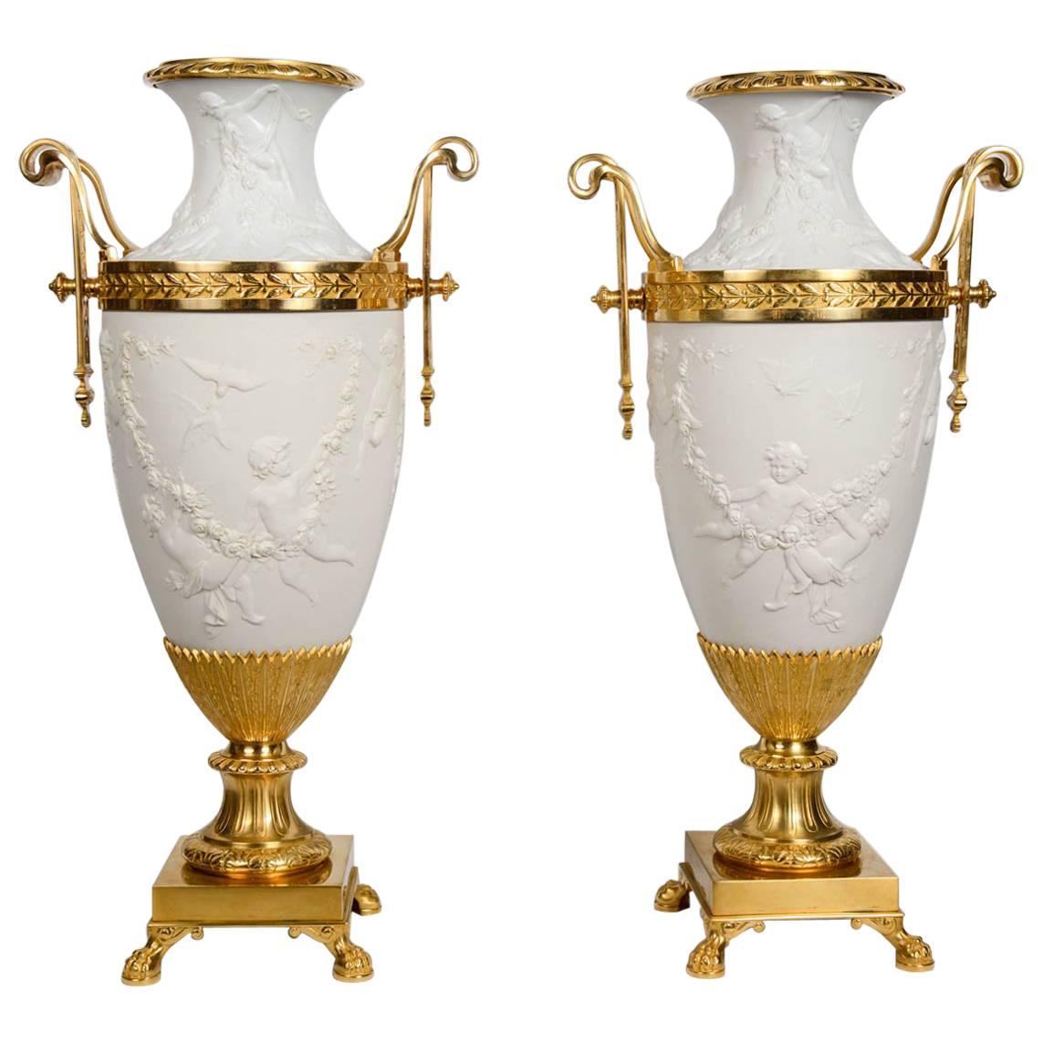 Pair of Gorgeous Bisquit and Bronze Vases For Sale