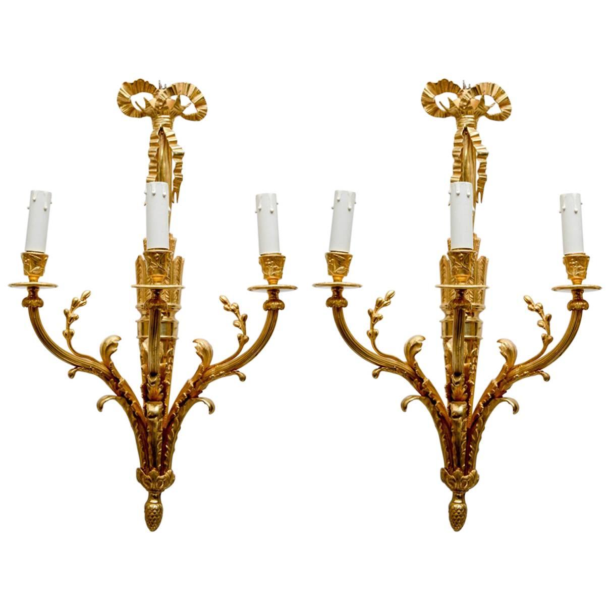 Pair of Glided Bronze Louis XVI Style Sconces For Sale