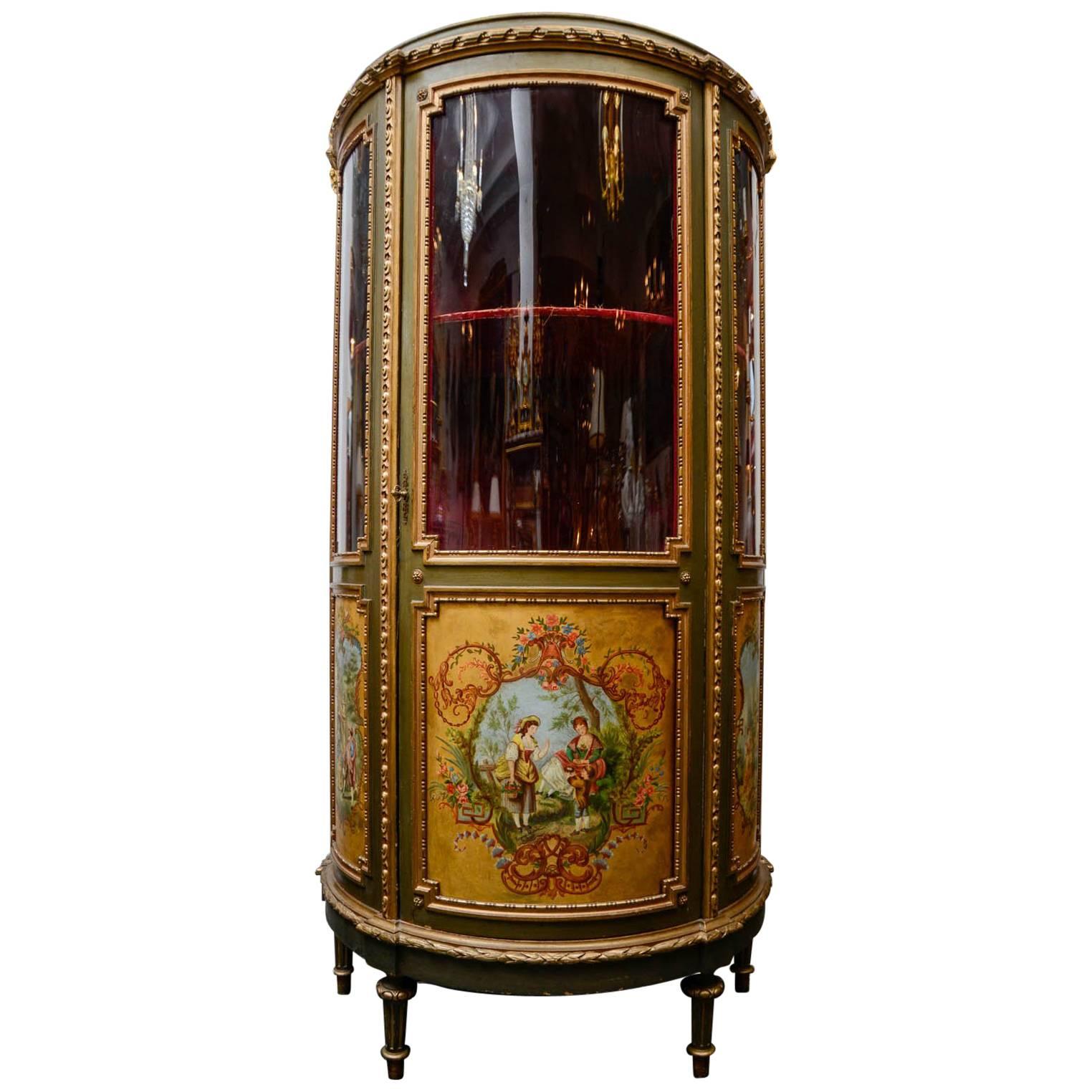 Exquisite Painted and Gilded Wood Vitrine Cabinet For Sale