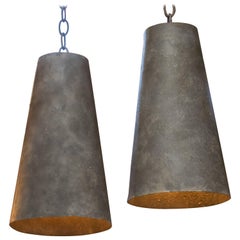 Pair of Gray Vintage European Metal Industrial Cone Pendants