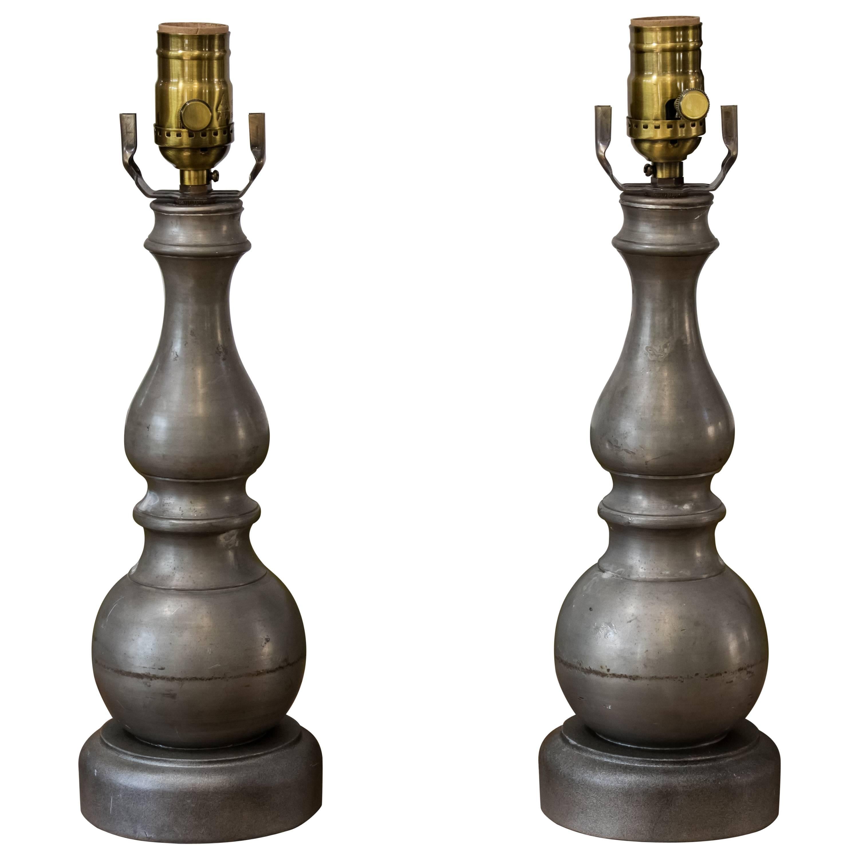 Pair Classic European Pewter Table Lamps