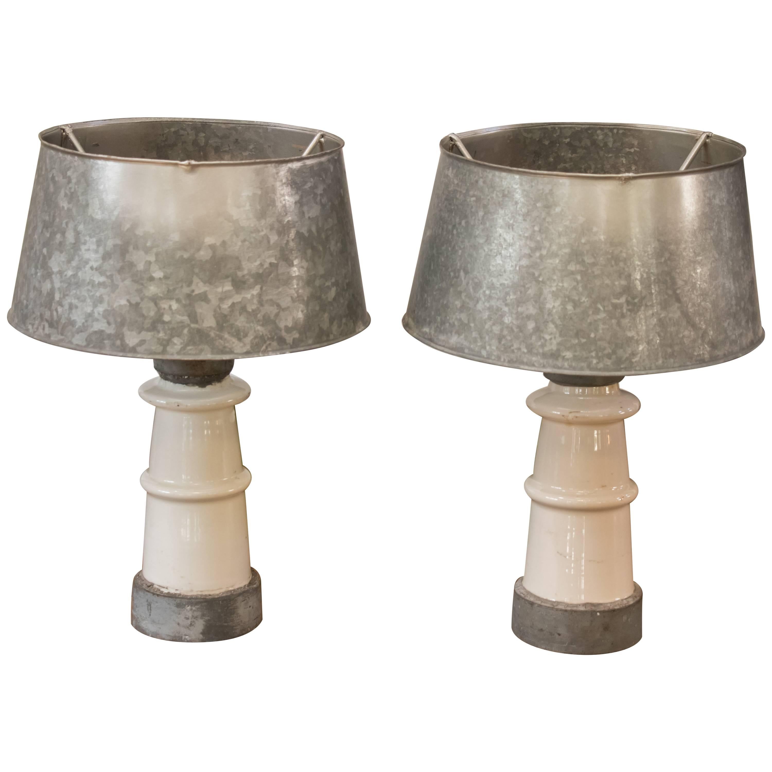 Pair of White Belgian Ceramic Table Lamps with Galvanized Shades, circa 1940s