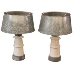 Vintage Pair of White Belgian Ceramic Table Lamps with Galvanized Shades, circa 1940s