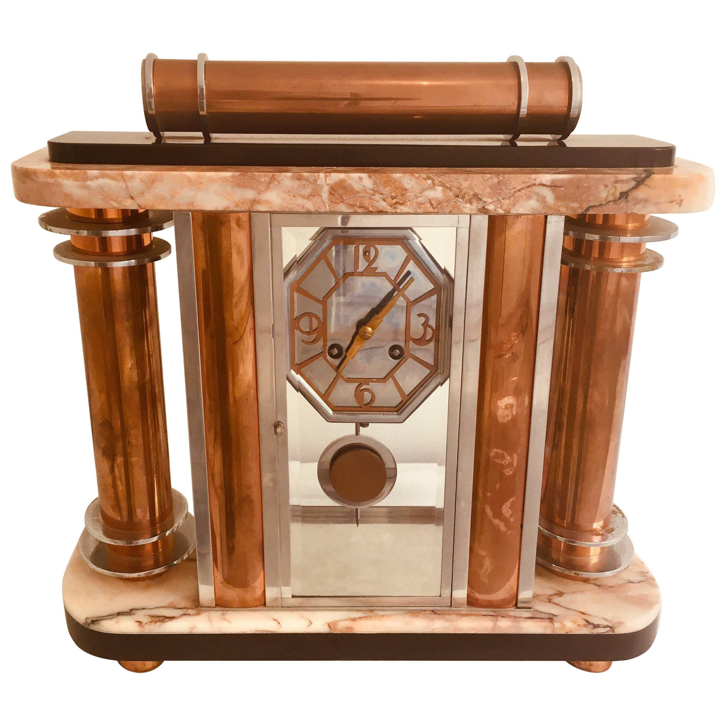 French Art Deco F. Martin Marble Mantel Clock, circa 1930s For Sale