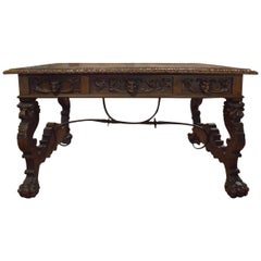 Antique Hand-Carved Walnut Trestle Desk with Inset Tooled Leather Top