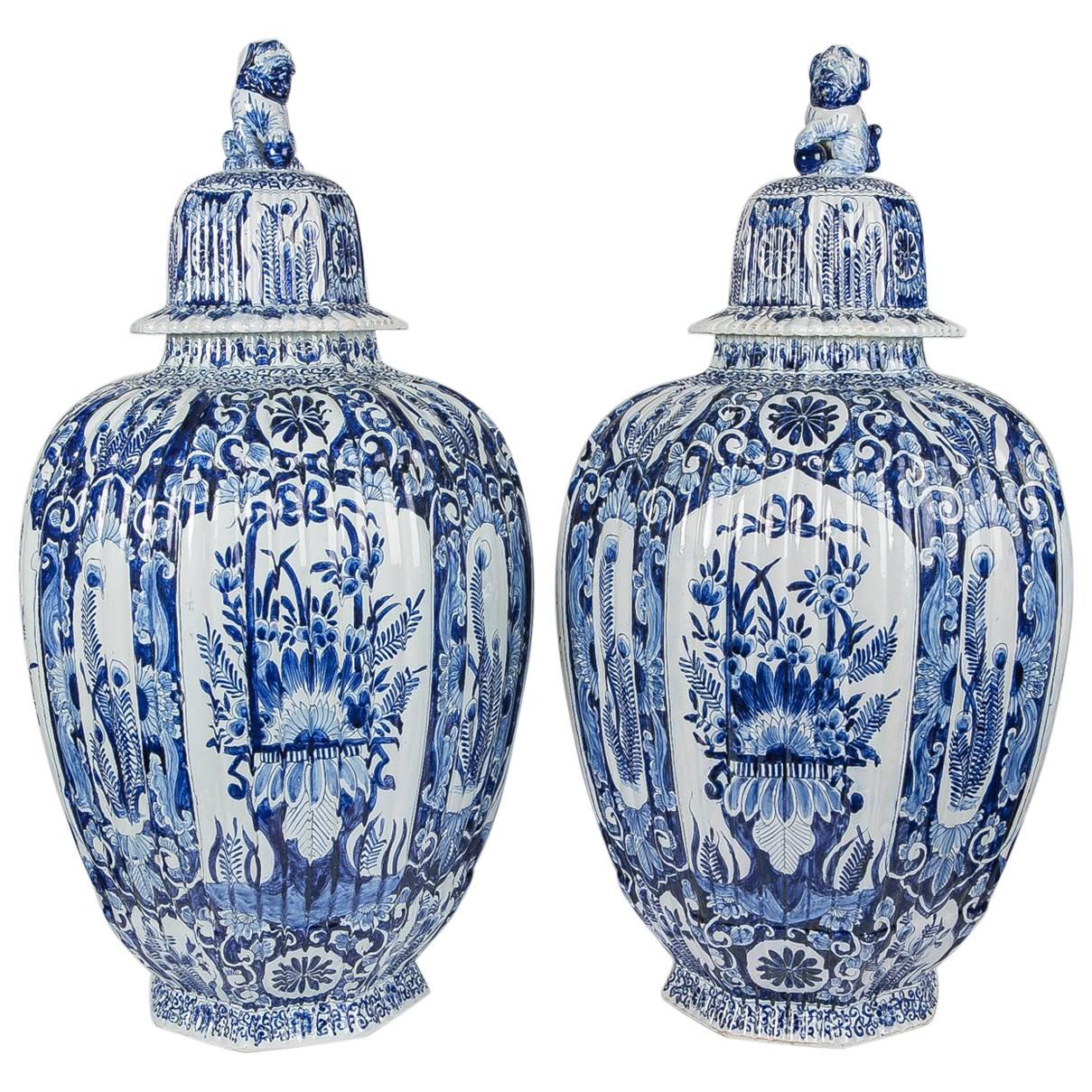 Massive Pair Blue and White Delft Vases Antique Made Late 19th-Early 20th C