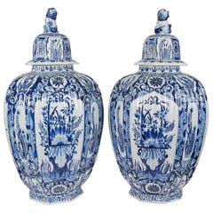 Massive Pair Blue and White Delft Vases Antique Made Late 19th-Early 20th C