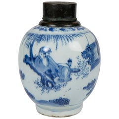 Kangxi Blue and White Tea Canister with Brass Fittings 