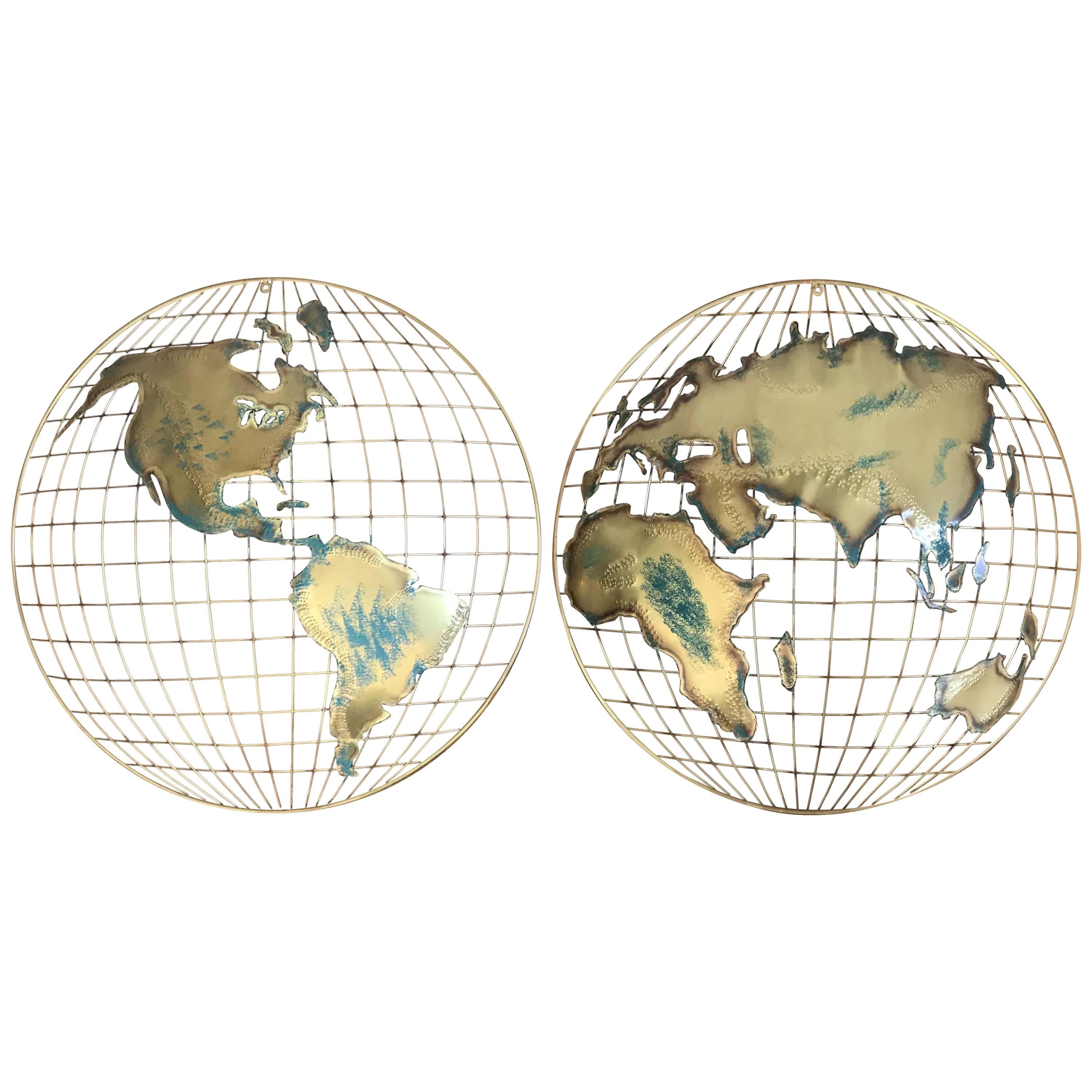 Pair of Curtis Jere Signed Globe Wall Hangings For Sale