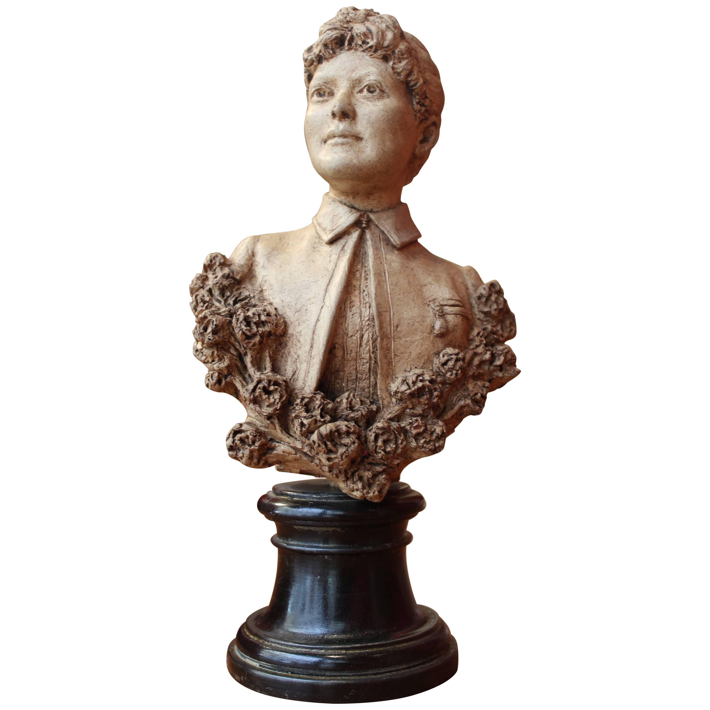 19th Century Italian Female Terracotta Bust on Ebonized Base Signed and Dated
