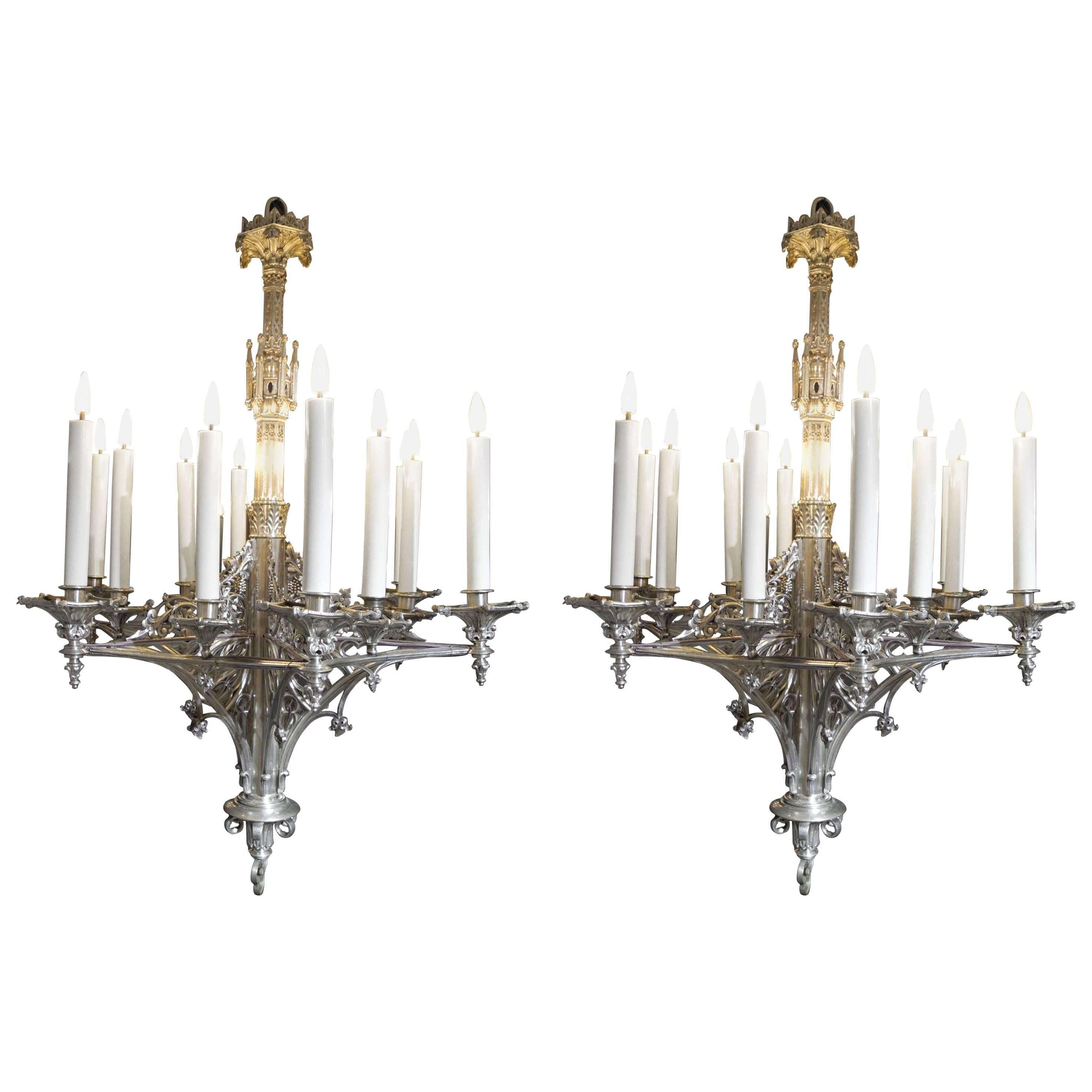 Pair of 12 Lights Neo-Gothic Chandeliers For Sale