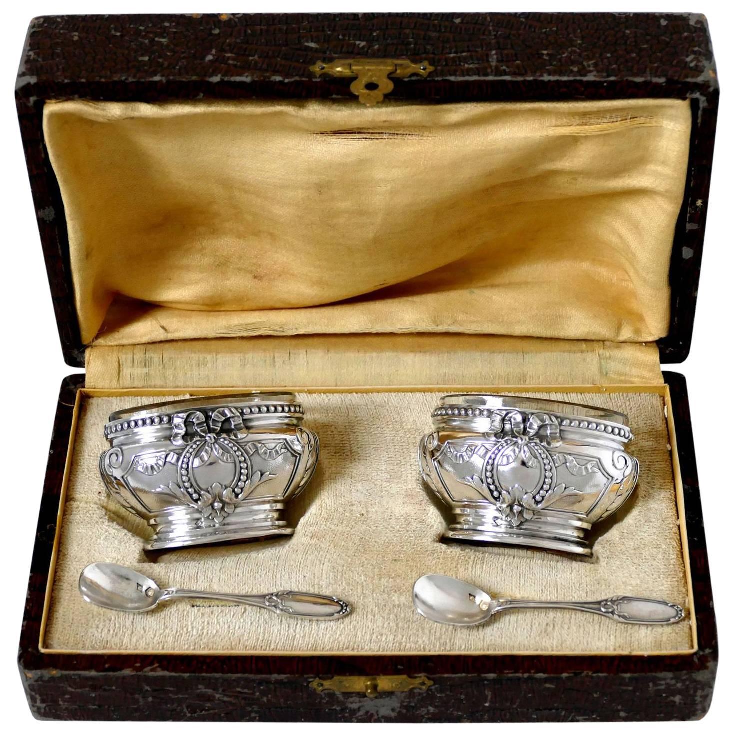 Antique French Sterling Silver 18-karat Gold Salt Cellars Pair, Spoons, Box For Sale