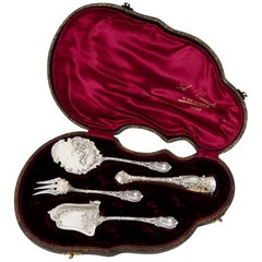 Antique Rare French Sterling Silver Dessert Hors D'oeuvre Set, Dolphin Shaped Violin Box