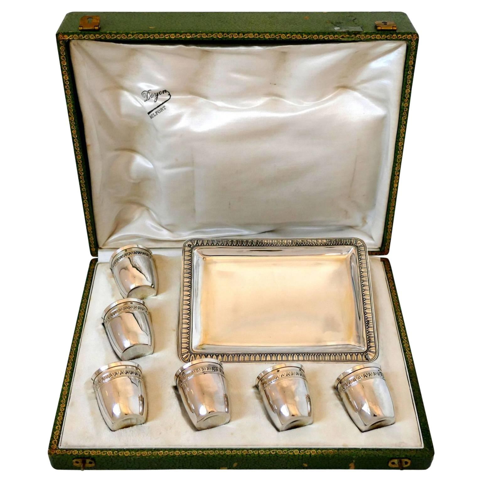 Rare French Sterling Silver 18-Karat Gold Liquor Cups and Tray, Box, Empire For Sale