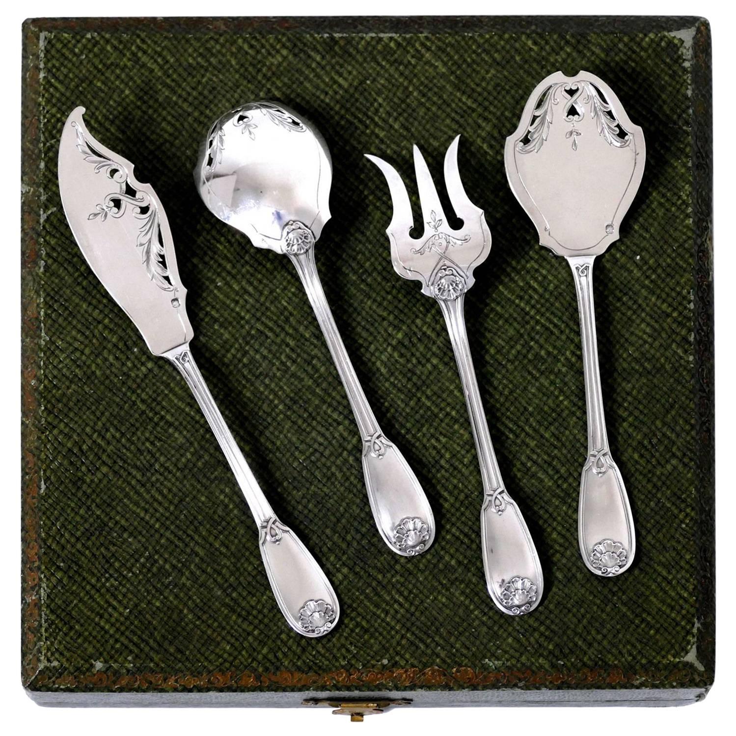 Ricard French All Sterling Silver Dessert Hors D'oeuvre Set 4 Pc, Box, Regency For Sale