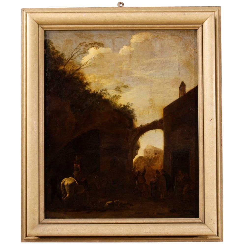 Antique Landscape Dutch Painting Oil on Canvas, 18th Century