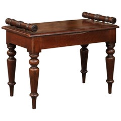 English 1870s Mahogany Hall Bench with Cylindrical Armrests and Turned Legs