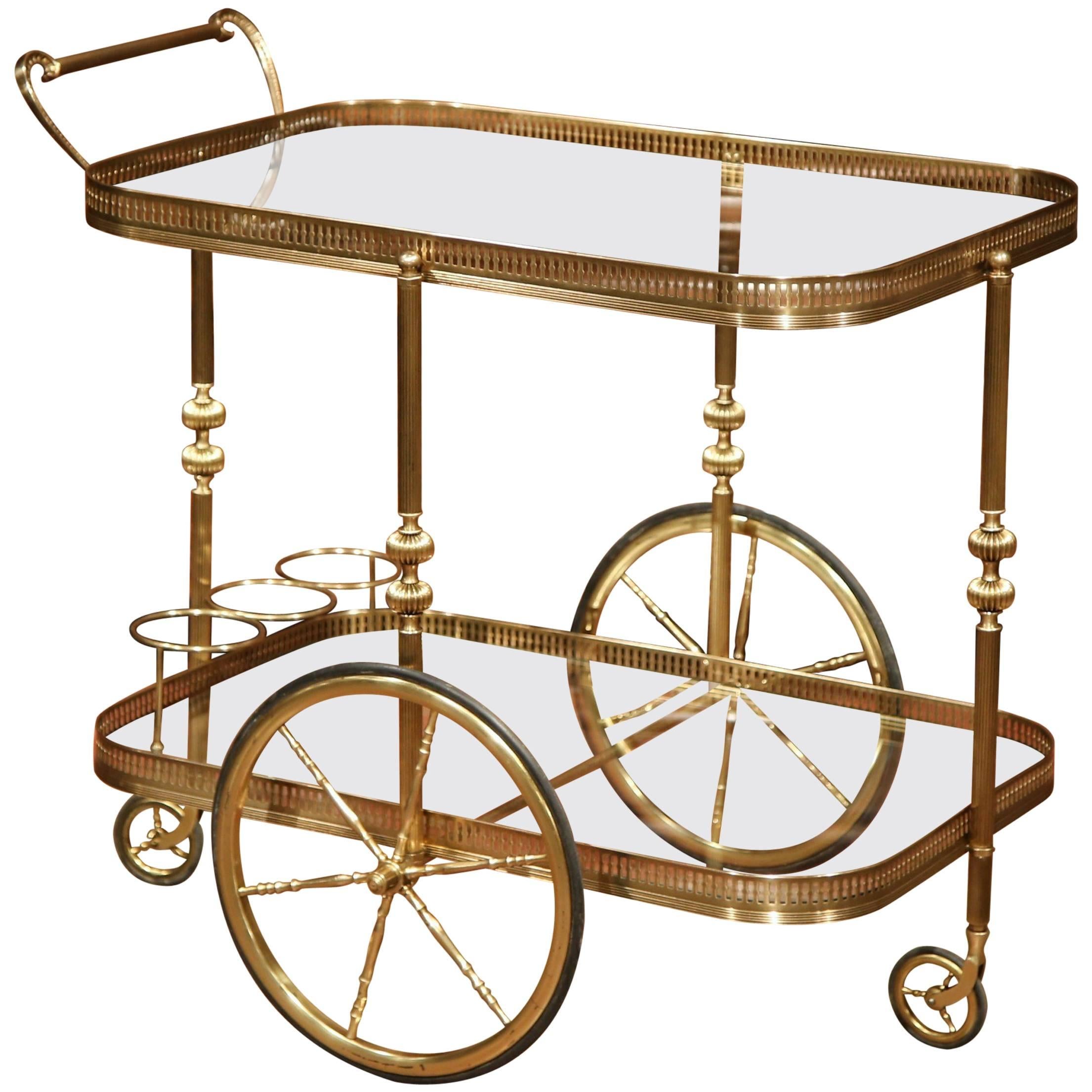 Early 20th Century French Two-Tier Brass Cart Table with Glass Tops