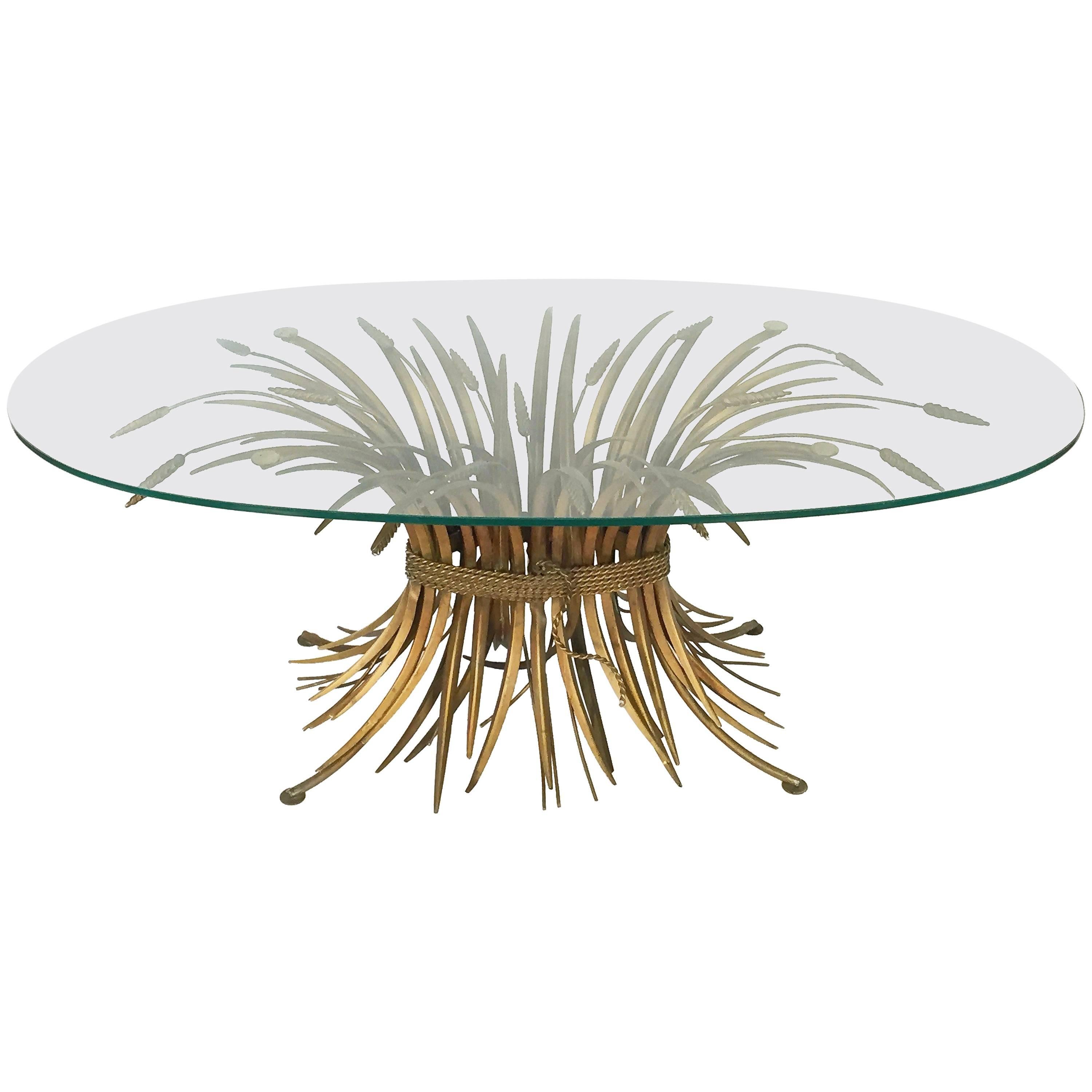 Italian Wheat Sheaf Oval Low Table of Gilt Metal and Glass