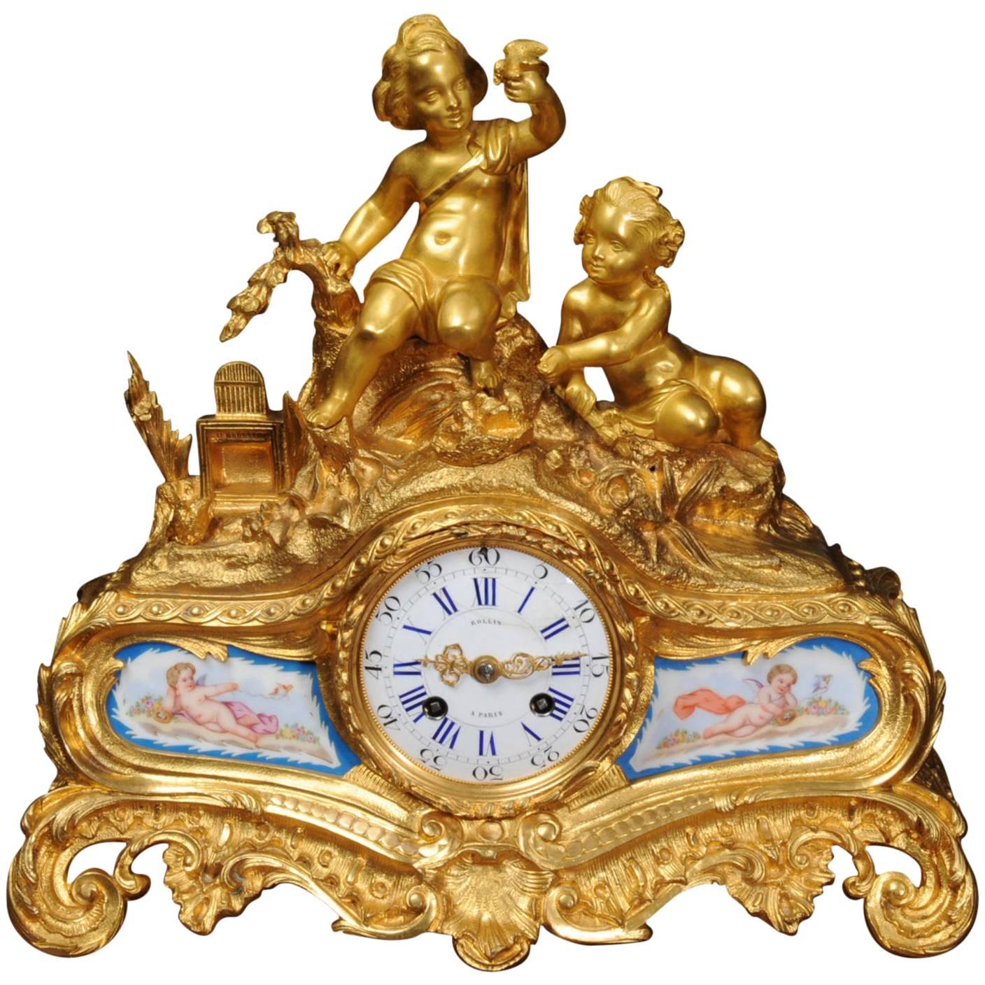 Fine Early Ormolu and Sevres Porcelain Boudoir Clock, Japy Freres