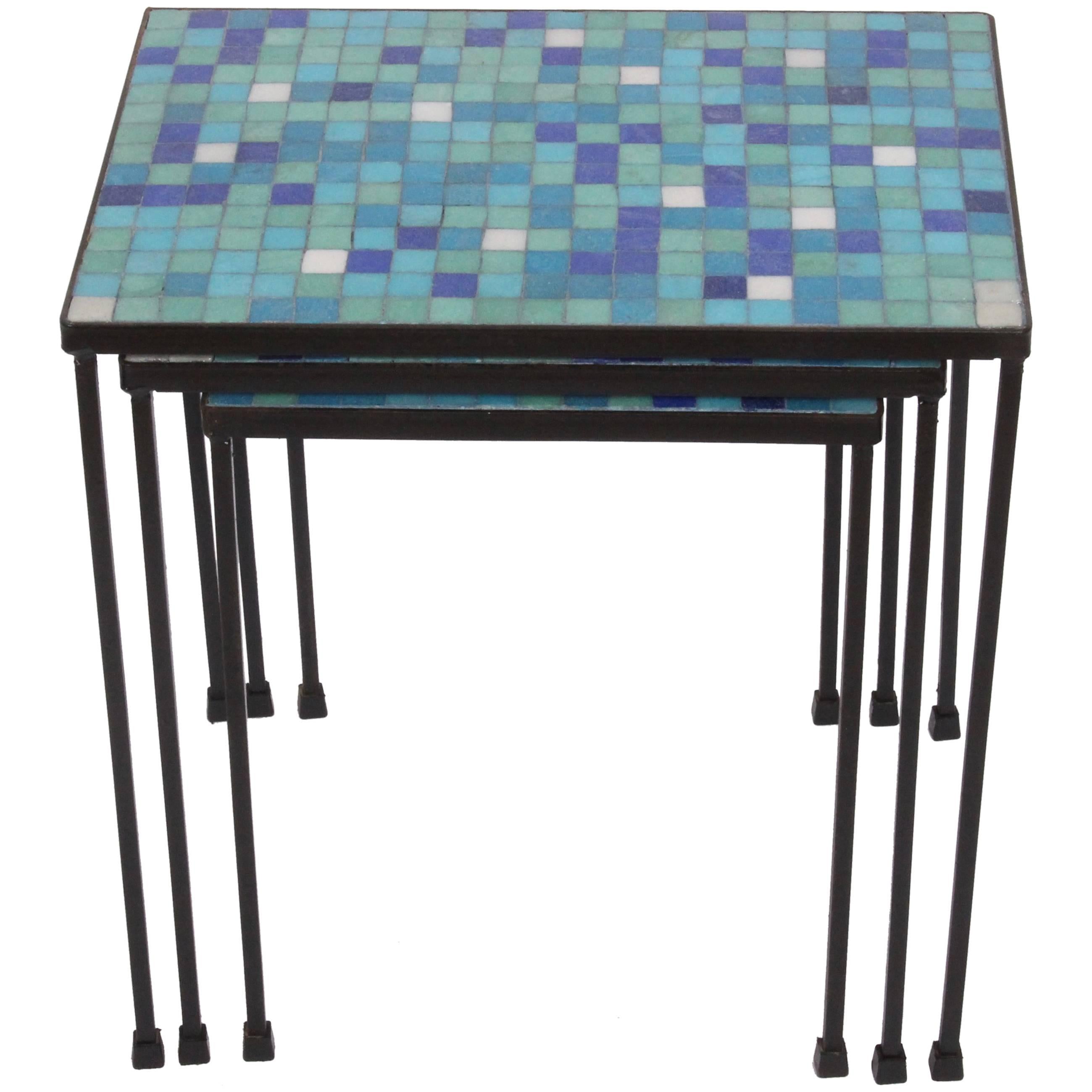 1950s Set of Three Black Wrought Iron and Blue and Green Tile Stacking Tables