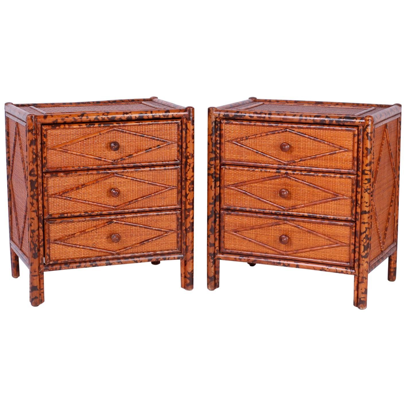 Pair of British Colonial Style Bamboo Nightstands or Tables