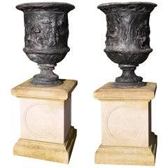Antique Pair of Early 20th Century Lead Urns of Campana Form