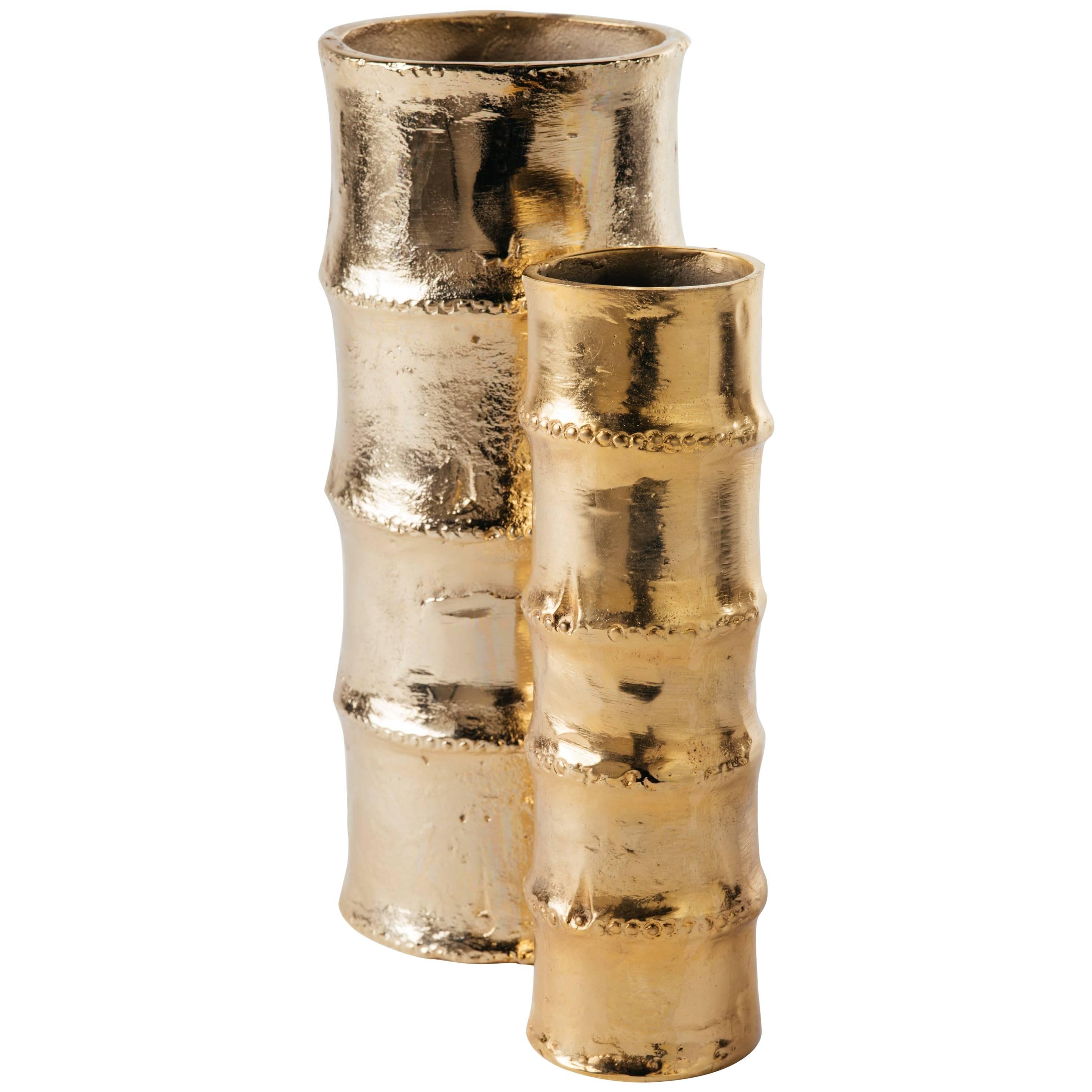 Pair of Handmade Bamboo Vases in 24-Karat Gold-Plated Metal