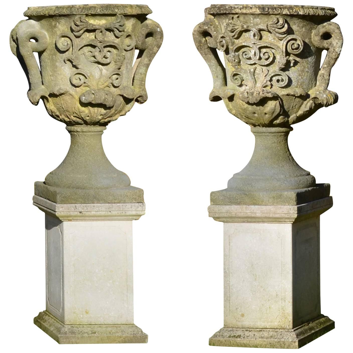 Pair of Large Carved Bath Stone Finial Urns 'Solid' For Sale