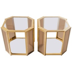 Pair of Hollywood Regency Hexagon End Tables in Brass and Smoked Glass